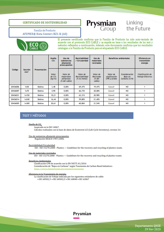 Certificado-Sostenibilidad-ECOCABLE-Afumex-Data-Centers-RZ1-K-Prysmian